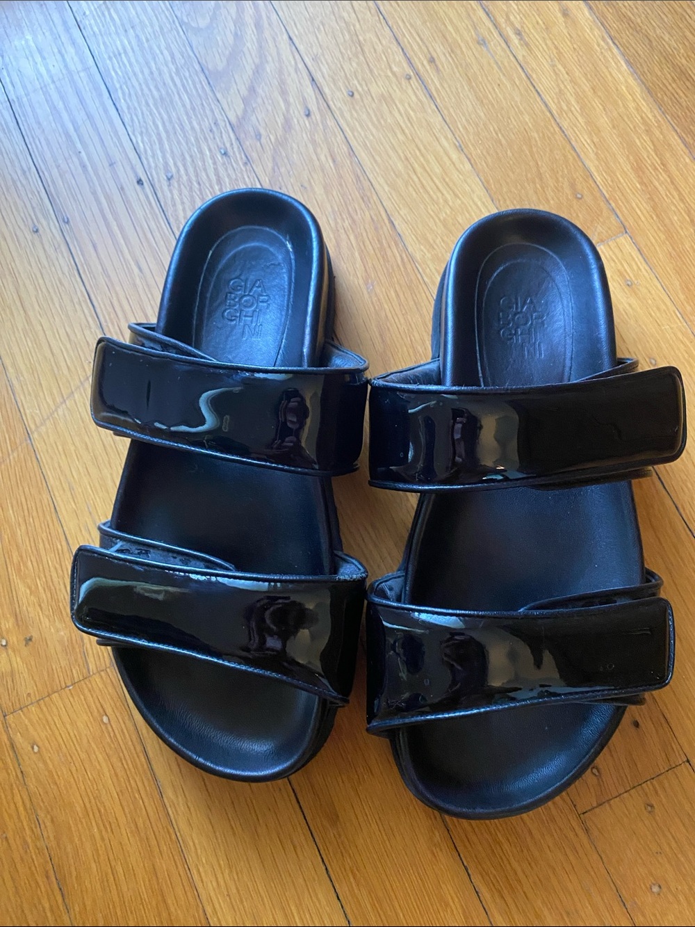 Gia Borghini Perni Black Patent Leather Lug Sole Slide Sandals Size 38 US 7